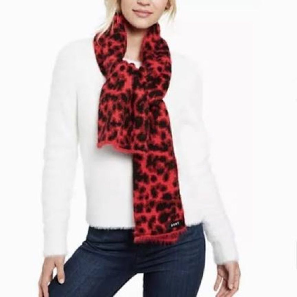 NWOT DKNY animal print red black fuzzy knit scarf